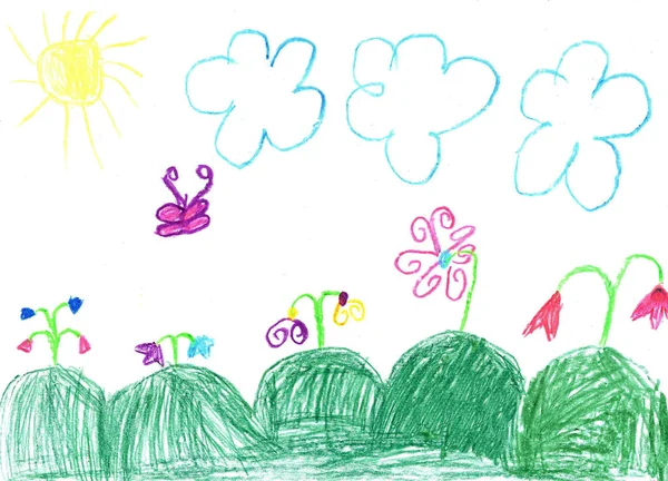 Bambino disegno farfalla e fiori — Foto Stock