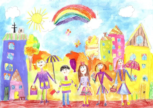Il disegno di un bambino una famiglia felice per una passeggiata — Foto Stock