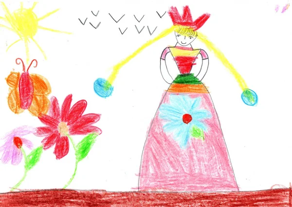 Child drawing beautiful princess. Nature, Flowers, Butterflies. Pencil art in childish style