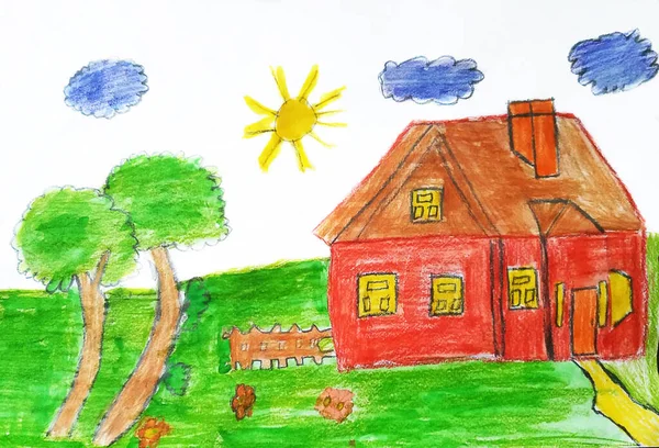 Dibujo Infantil Una Casa Campo Arte Lápiz Estilo Infantil —  Fotos de Stock