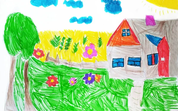 Dibujo Infantil Una Casa Campo Arte Lápiz Estilo Infantil —  Fotos de Stock