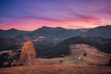 Sonbahar dağ manzarası güzel pembe ve altın sunrise