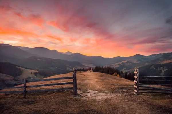 Wunderschöner Rosa Und Goldener Sonnenuntergang Der Herbstlichen Berglandschaft — Stockfoto
