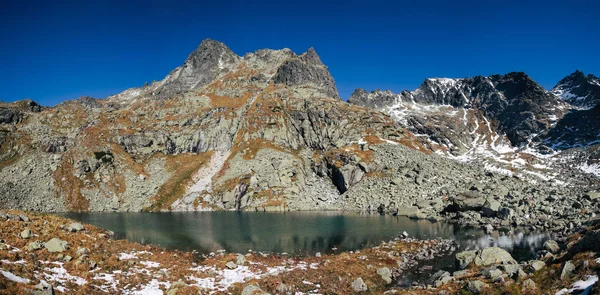 Panoramic view of Crystal mountain lake landscape with snowy Rysy peaks on background, Slovakia.