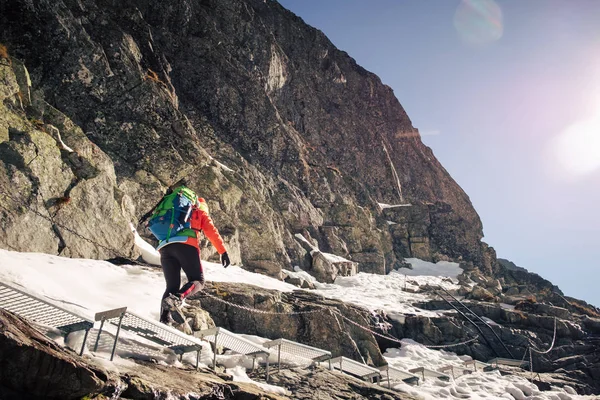 Wanderin Die Winter Über Eine Leiter Auf Den Gipfel Steigt — Stockfoto