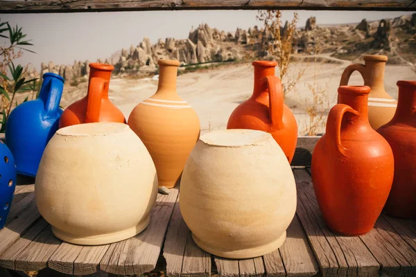 Primo Piano Vasi Argilla Goreme Cappadocia Turchia Ceramica Tradizionale — Foto Stock