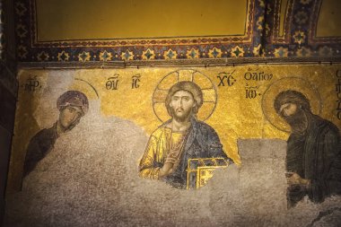 Istanbul, Türkiye - 14 Ekim 2018: İsa'nın Meryem mozaiği Deesis ve John the Baptist Ayasofya Sophia katedral içinde