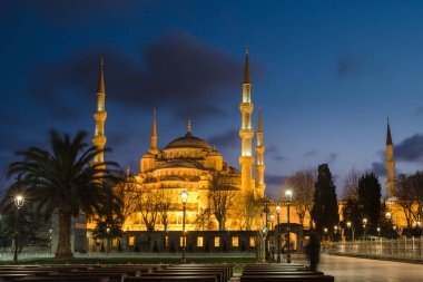 Beautiful view on Sultanahmet Blue Mosque at night, famous islamic Landmark mosque, Travel to Istanbul, Turkey