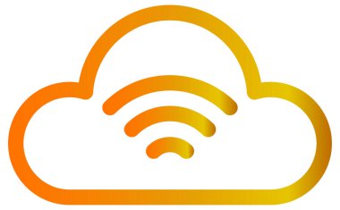 Kablosuz ağ sembollü turuncu bulutlar. biçim iki renkli düz sembol, sarı ve gri renkler, yuvarlak açılardır,