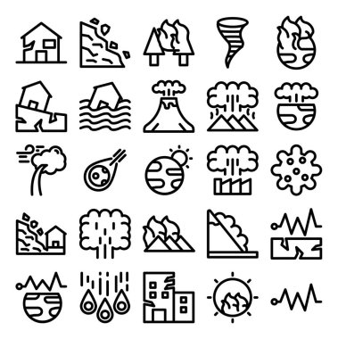 Beyaz arkaplanda basit ve minimalist siyah felaket vektör simgeleri