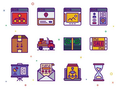 Teslimatın farklı düz simgeleri. resimleme