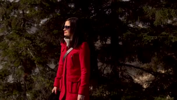 Een Vrouw Rode Jas Wandelend Kalamegdan Park Belgrado — Stockvideo