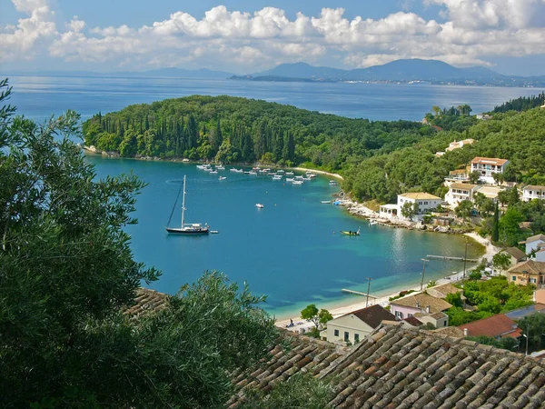 Vista Bahía Kalami Isla Ioniana Corfú Grecia Desde Arriba Con —  Fotos de Stock