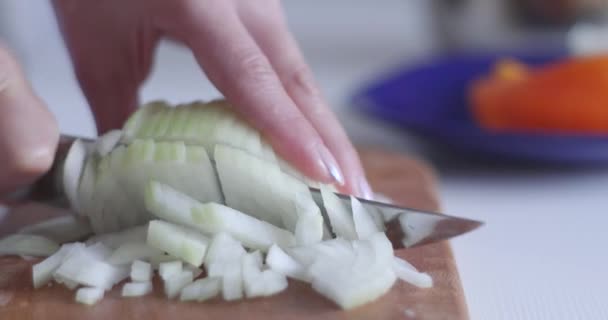 Lök Skärbrädan Kvinnors Händer Med Kniv Skär Lök Skärbrädan Lök — Stockvideo