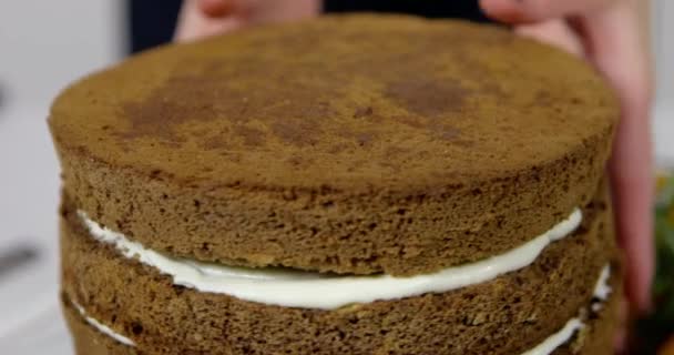 Zubereitung Von Kuchenschichten Und Belägen — Stockvideo