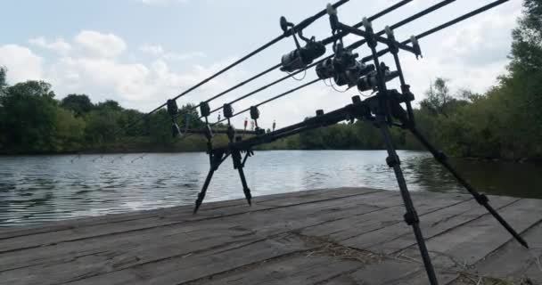 Movimento Lento Pesca Carpa Haste Sob Varas Pesca Bobinas Uma — Vídeo de Stock