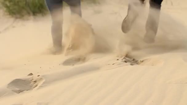 男孩和女孩从沙丘上跑下来 慢动作 — 图库视频影像