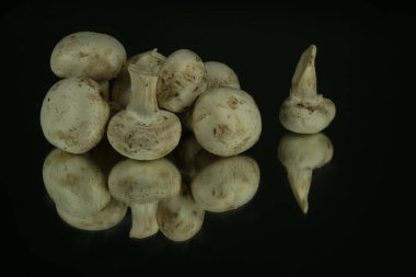 Siyah arka planda izole edilmiş siyah ayna yüzeyindeki mantar şampiyonları. Düşük kalori ürünü