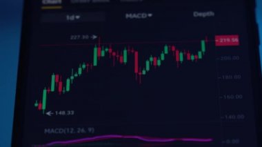 Menkul Kıymetler Borsası, Ticaret Çevrimiçi, Borsa Ticaret katında Smartphone ile Çalışan Tüccar. Dış Döviz Piyasası Verilerine Göz atın, Moskova - Mayıs 2020.
