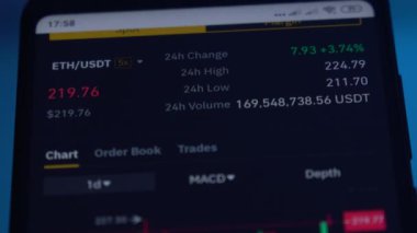 Menkul Kıymetler Borsası, Ticaret Çevrimiçi, Borsa Ticaret katında Smartphone ile Çalışan Tüccar. Dış Döviz Piyasası Verilerine Göz atın, Moskova - Mayıs 2020.