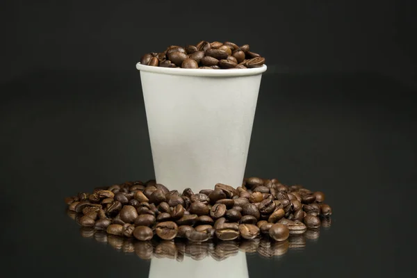 Paper Cup Coffee Coffee Beans Dark Table — Stock Photo, Image
