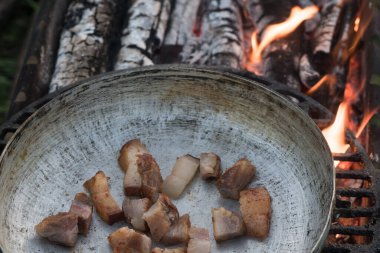 Tavada kızarmış domuz yağı, çimlerde barbekü. Tavada kızarmış domuz yağı parçaları.