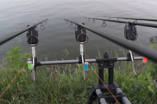 Olhando Longo Três Varas Carpa Direção Uma Lagoa Pesca Carpa — Fotografia de Stock