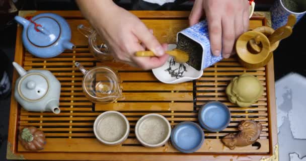 Chinese Tea Ceremony Puerh Tea Black Tea Poured Glass Chahay — Stock Video