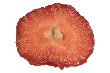 Çilek dilimi yüzeyi kes. Beyazda izole edilmiş makroyu kapat.