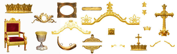 Коллекция антиквариата королевского золота на белом фоне
