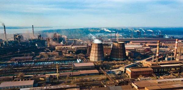 metallurgical production plant full cycle smoke from pipes bad ecology aerial photography