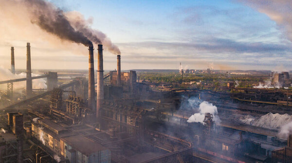 industry metallurgical plant dawn smoke smog emissions bad ecology aerial photography