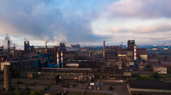 industry metallurgical plant dawn smoke smog emissions bad ecology aerial photography