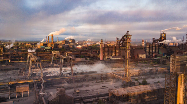 industry metallurgical plant dawn smoke smog emissions bad ecology aerial photography