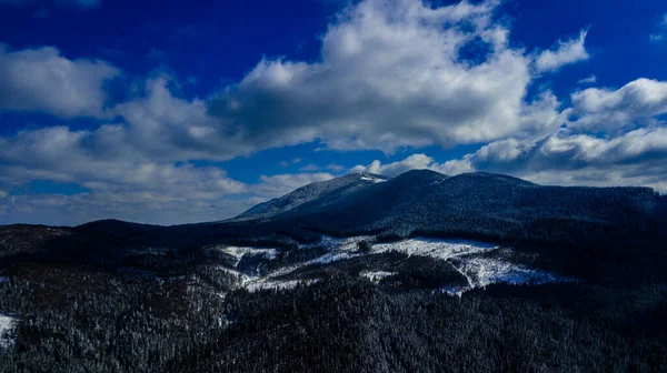 Karpaten Gebirge Kiefernwälder Nadelwälder Berggipfel Winter Schnee Luftaufnahmen — Stockfoto