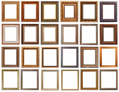 Beyaz arka planda izole edilmiş antika altın kaplama tabloların çerçeveleri