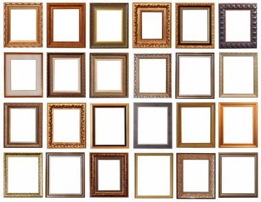 Beyaz arka planda izole edilmiş antika altın kaplama tabloların çerçeveleri