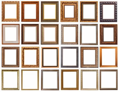 Beyaz arka planda izole edilmiş antika altın kaplama tabloların çerçeveleri