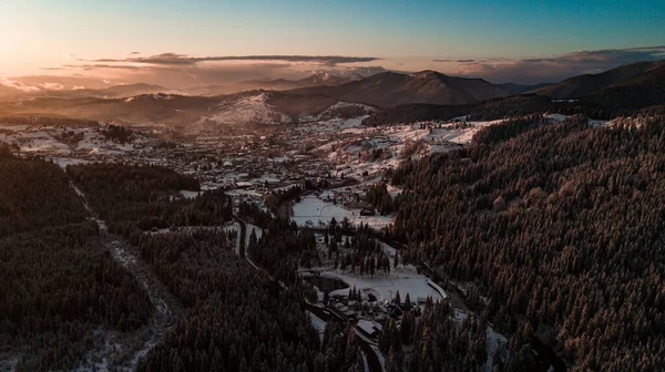 Zima Karpatech Sněžný Jehličnatý Les Při Západu Slunce — Stock fotografie