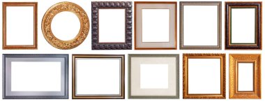 Beyaz arka planda izole edilmiş resim çerçeveleri oyulmuş antika altın