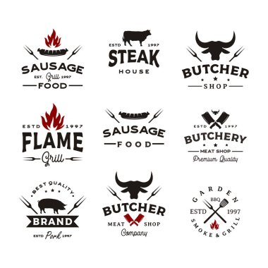 Retro Vintage bbq Barbekü Izgara Vektör Logo Tasarım Paketi