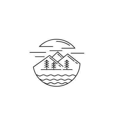 Manzara dağ zirveleri ve grafik elementler. Çizgi Sanat Macerası logosu tasarımı