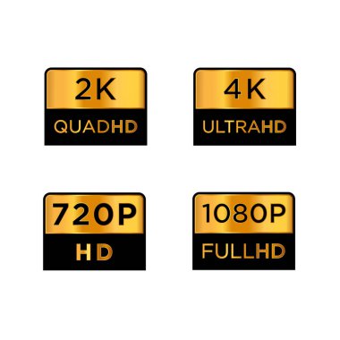 Golden 2k quad hd, 4k ultra hd, 720 hd, ve 1080p full hd Video Çözünürlük Simgesi Logosu; Yüksek Tanımlı TV / Game Screen monitörü Etiketi