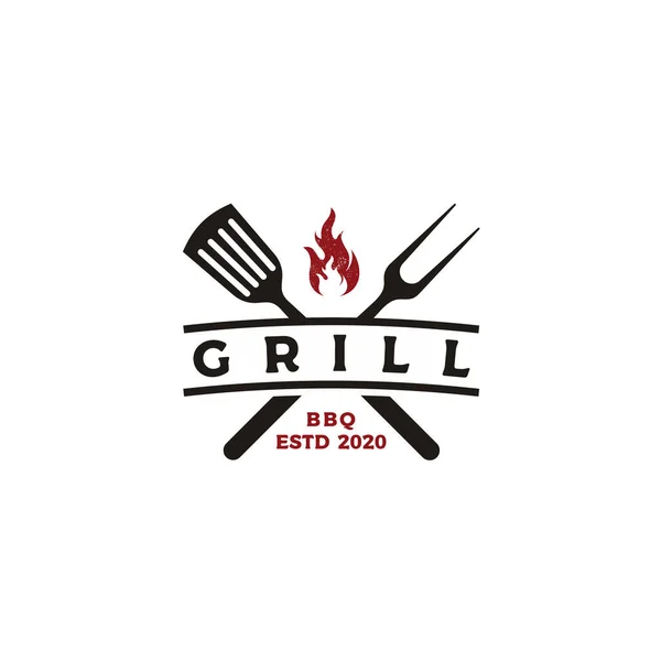 Klasik ızgara ızgara barbekü bbq çapraz çatal ve ateş alev logosu tasarımı