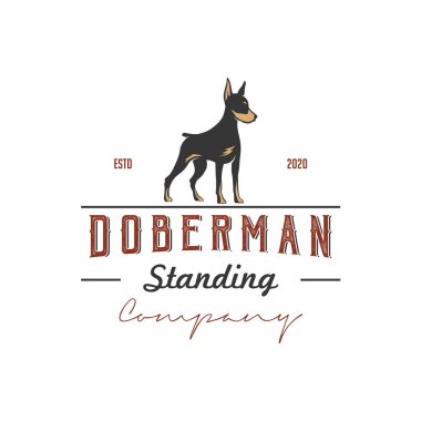 Eski moda logo tasarımlı ayakta duran bir doberman köpeğinin silüeti.
