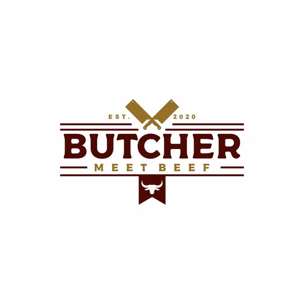 ヴィンテージレトロは 肉屋のラベルのロゴデザインのためのクリーバーを渡り — ストックベクタ