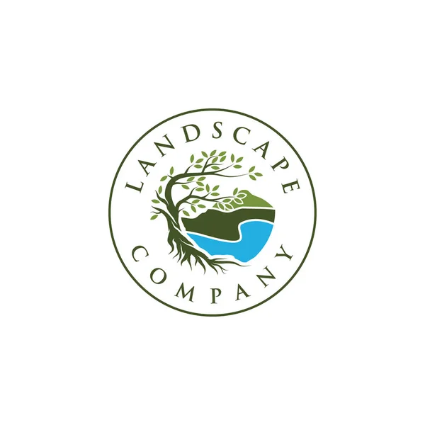 ランドスケープロゴ 木と根のロゴデザインベクトルはビーチに隔離され 抽象的なマングローブの木のロゴデザイン — ストックベクタ
