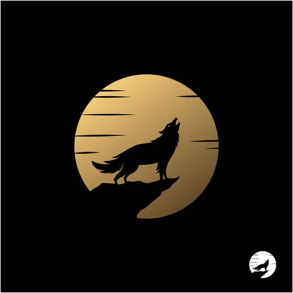 Loup Hurlant Avec Golden Moon Illustration Logo Design — Image vectorielle