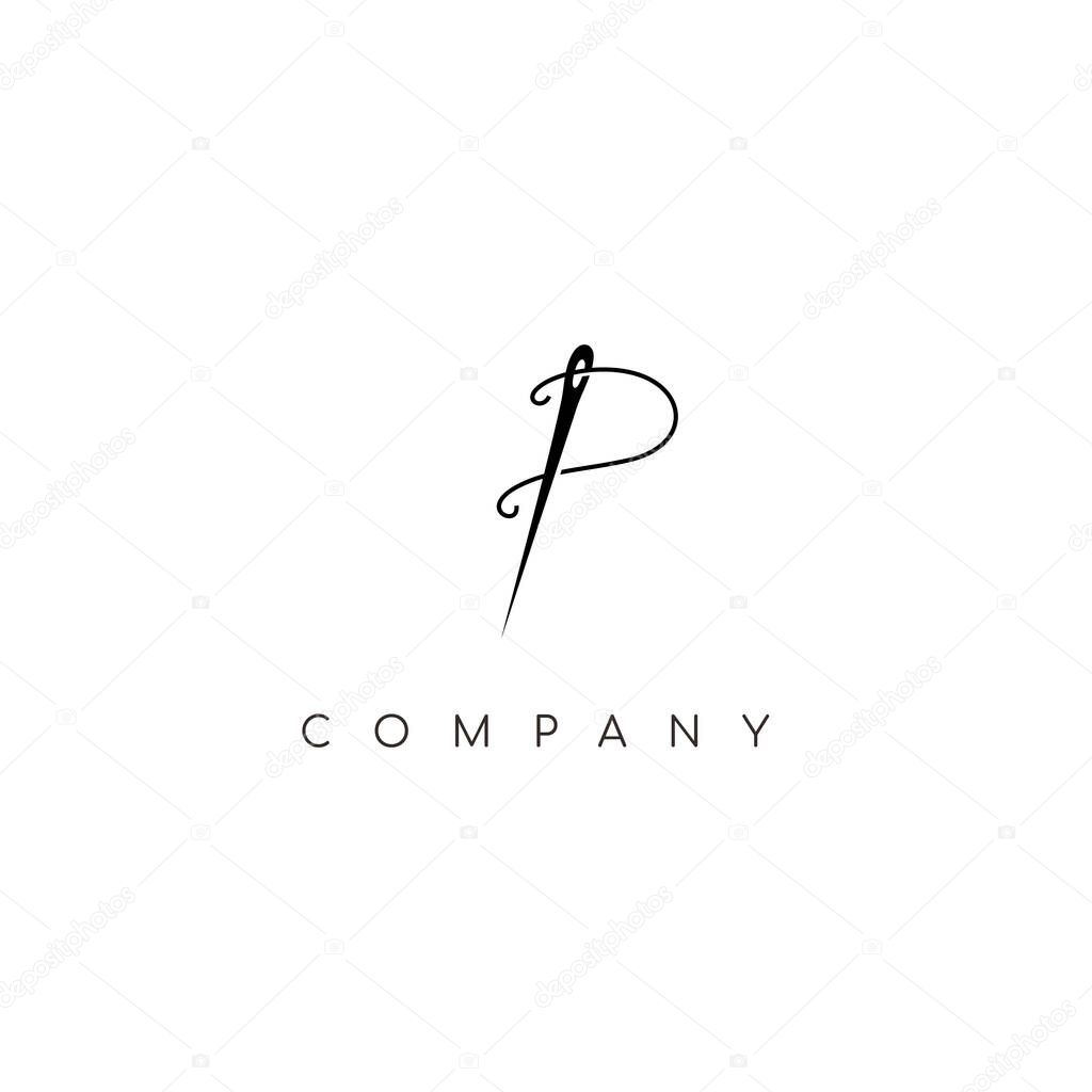 Simple Initial p with thread and needle for Tailor Fashion Icon Logo.