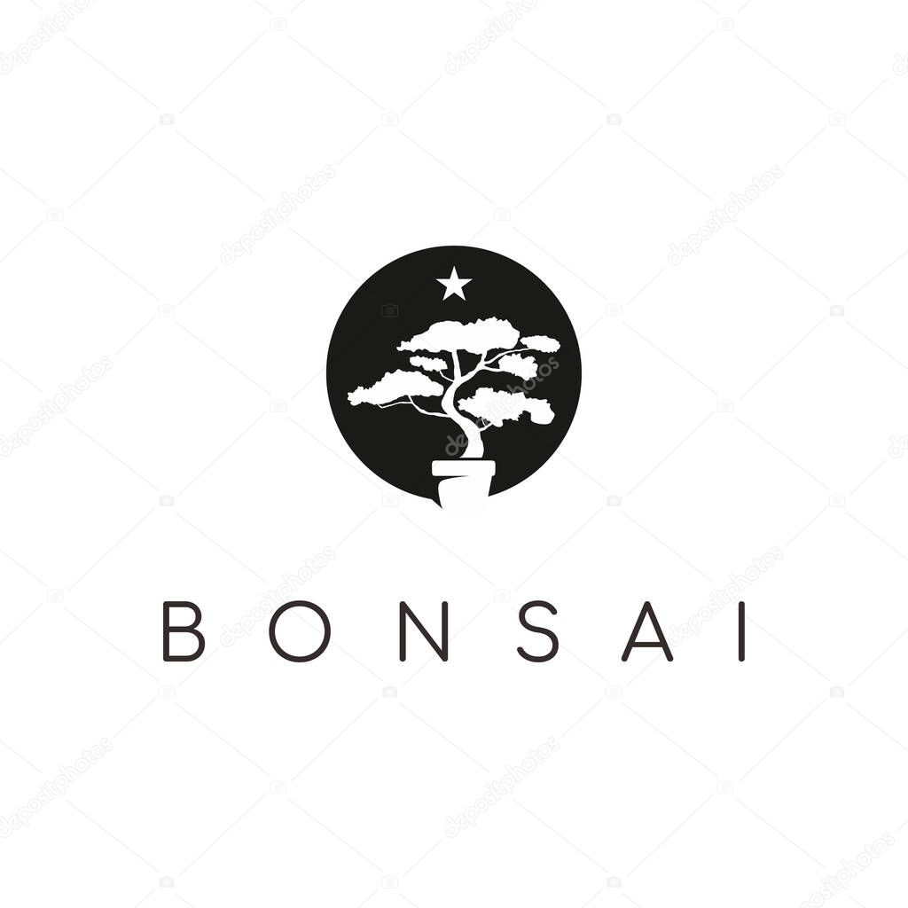 Oriental Bonsai Art, Small Plant Tree on Pot Silhouette logo design vector